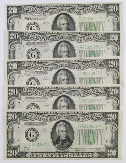 Lot of (5) 1934 $20 Federal Reserve Notes.