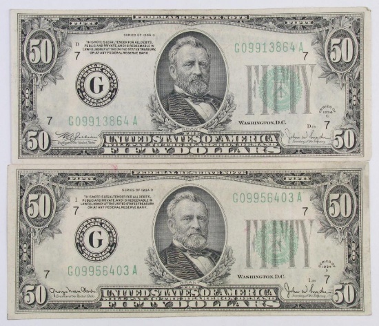 Lot of (2) 1934 $50 Federal Reserve Notes.