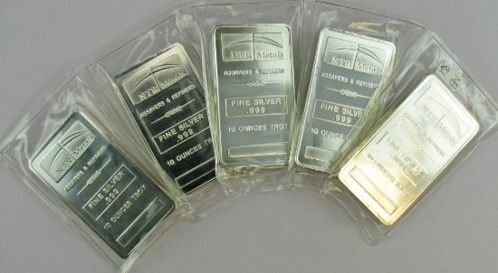 Lot of (5) NTR Metals .999 Fine Silver 10oz. Ingots. (50 Ounces).