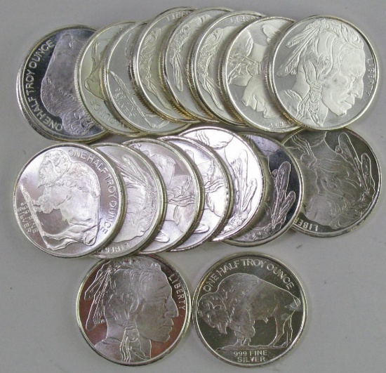 Lot of (18) One Half Troy Ounce Indian Head/Buffalo Silver Rounds.