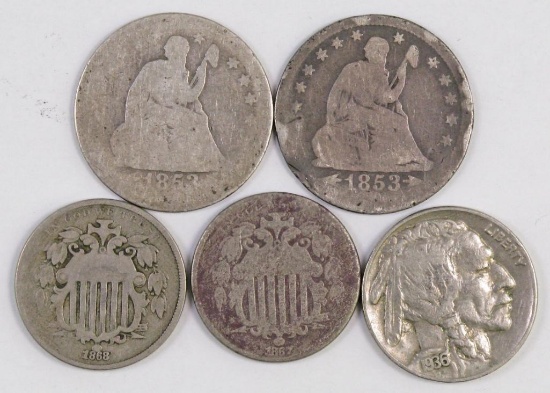 Lot of (5) Type Quarters & Nickels.