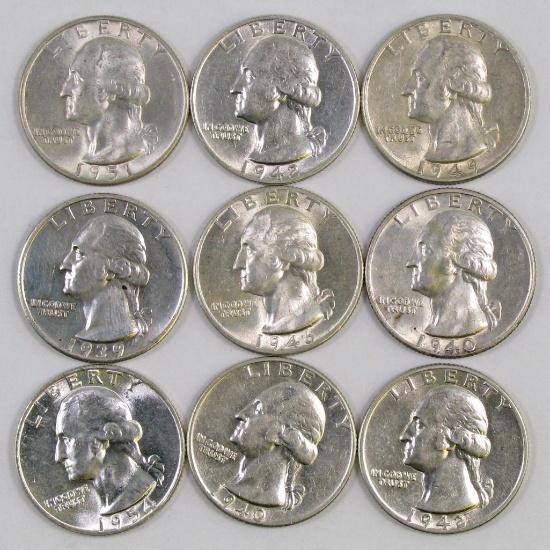 Lot of (9) Washington Silver Quarters.