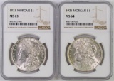 Lot of (2) 1921 P Morgan Silver Dollars (NGC) MS63 & MS64.