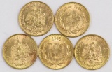 Lot of (5) 1945 Mexico ESTADOS UNIDOS MEXICANOS 2 Pesos Gold.