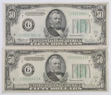 Lot of (2) 1934 $50 Federal Reserve Notes.