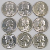 Lot of (9) Washington Silver Quarters.