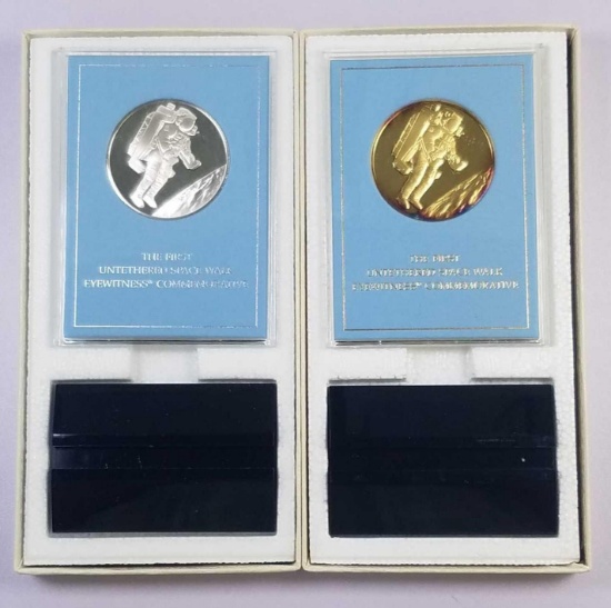 Lot of (2) Franklin Mint Sterling Silver Space Walk Medallions.