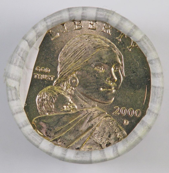 $25.00 Bank Wrapped Roll of 2000 D Sacagawea Dollars.