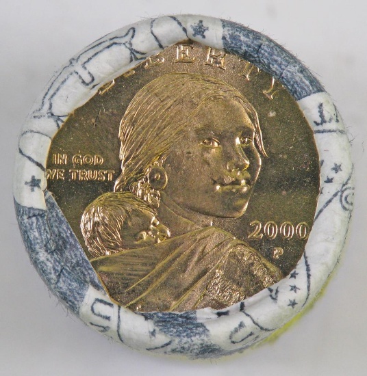 $25.00 U.S. Mint Wrapped Roll of 2000 P Sacagawea Dollars.