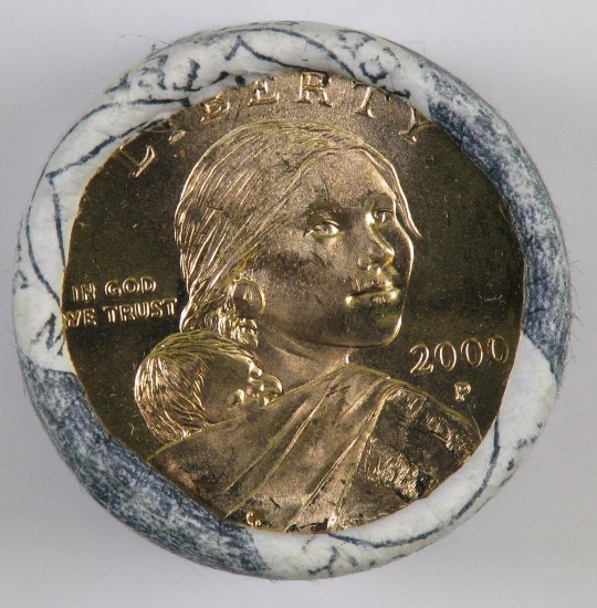 $25.00 U.S. Mint Wrapped Roll of 2000 P Sacagawea Dollars.