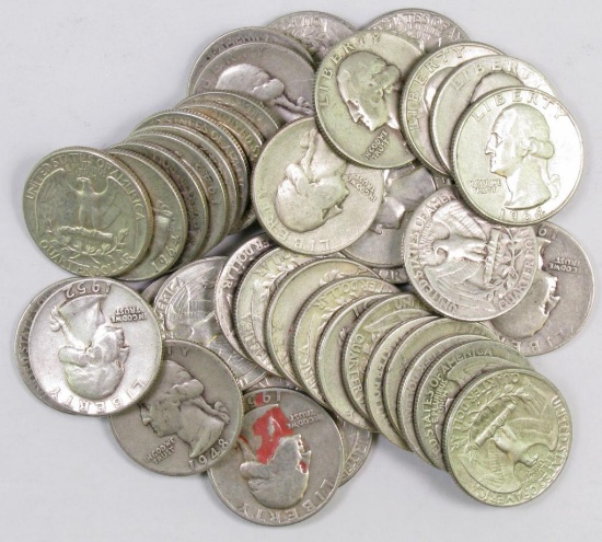 Lot of (40) 90% Silver Washington Quarters.