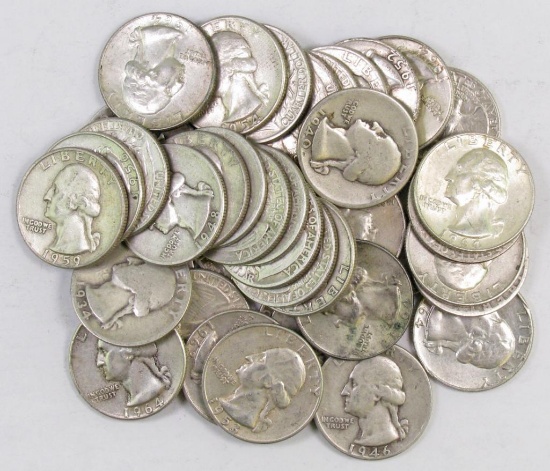 Lot of (40) 90% Silver Washington Quarters.