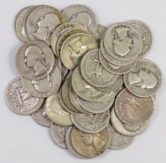 Lot of (40) 90% Silver Washington Quarters.