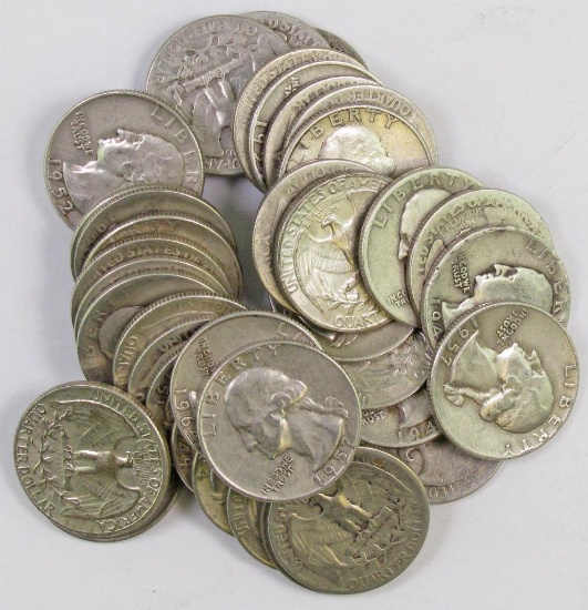 Lot of (40) 90% Silver Washington Quarters.