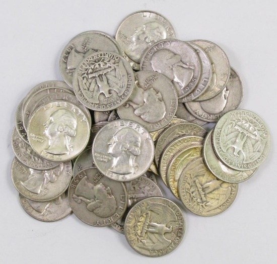Lot of (40) 90% Silver Washington Quarters.