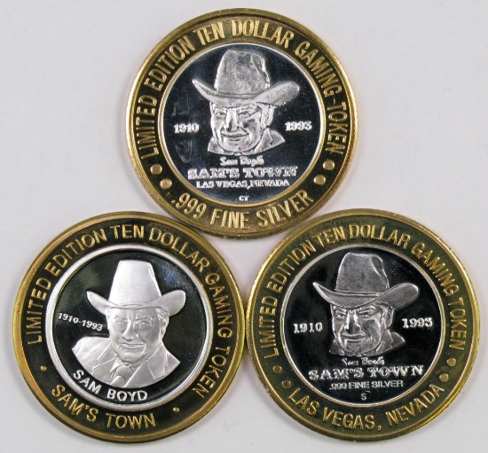 Lot of (3) Limited Edition Sam Boyd "Sam's Town" Ten Dollar .999 Silver Casino Gaming Tokens.