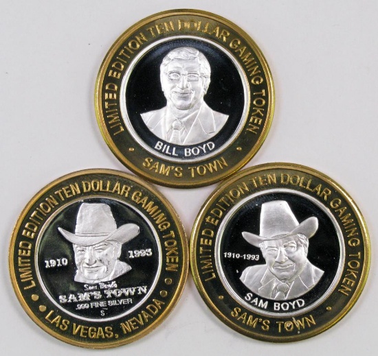 Lot of (3) Limited Edition "Sam's Town" Ten Dollar .999 Silver Casino Gaming Tokens.