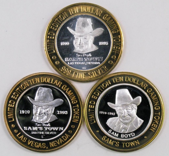 Lot of (3) Limited Edition Sam Boyd "Sam's Town" Ten Dollar .999 Silver Casino Gaming Tokens.