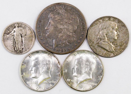 Lot of (5) 90% Silver U.S. Coins Quarter, Halves & Dollar.