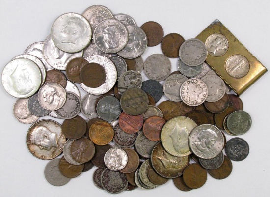 Lot of (100) U.S. Coins Cents to Dollars includeing some Silver.