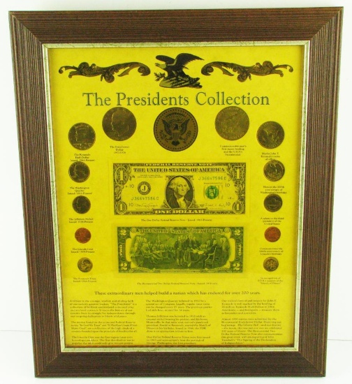 Decorative Display The Presidents Collection of Coins in Frame.