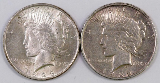 Lot of (2) Peace Silver Dollars.