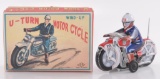 TT Japanese Tin Litho Police Patrol Wind Up U Turn Motor Cycle with Original Box