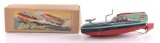 Japanese Tin Litho Friction Jet Boat with Siren with Original Box
