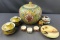 Group of Asian Covered pot, tea cups, hair receiver and more