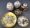 Group of 6 vintage Asian Hand Painted covered jars, plates
