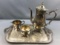 Group of 4 silver plate tea kettle, serving tray, Creamers