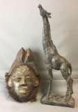 Group of 2 Handcarved Mask and Giraffe Statue