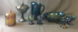 Group of 8 Vintage Blue Carnival Glass Dishes and more