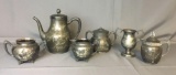 Group of 6 Etched Silver Plate Tea Pot, Cream, Sugar Bowls and more