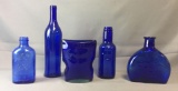 Group of 5 Cobalt Blue Glass Bottles and Vases
