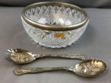 Crystal bowl with silver plate rim, salad fork and spoon
