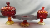Group of 3 Vintage Amberina Cake stand, covered compote, covered candy dish
