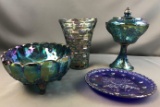 Group of 4 Blue carnival glass items