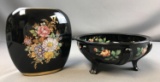 Group of 2 vintage black floral items