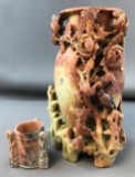 Vintage Chinese Carved Soapstone Vase and toothpick holder