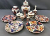 Group of Blue and Red Asian plates, bells, Imari ware and more