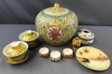 Group of Asian Covered pot, tea cups, hair receiver and more