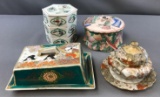 Group of 4 vintage Hand Painted Asian honey/mustard pot, covered dish and more