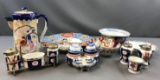 Group of Vintage Asian Blue bowls, plate, chocolate pot and more