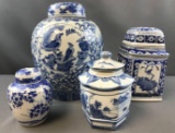 Group of 4 vintage blue and white Asian covered pots