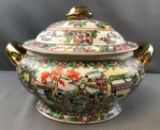 Large Vintage Hand Painted Asian oval pot with handles and lid