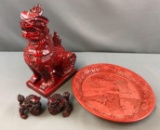 Group of Asian decor, dragons, cinnabar carved plate