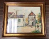 Framed signed painting of old village
