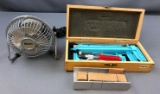 Small electric fan and x-acto miniaturists tool set