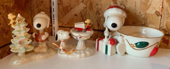 Group of three Lenox Peanuts Snoopy and Woodstock porcelain figurines